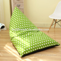 2015 hotsale green with white dots bean bag chair lounge, triangle cheap sofa, polyester bean bag cover factory